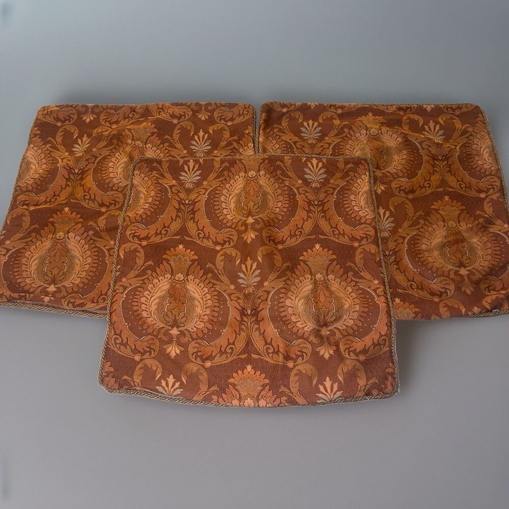 ANICHINI Brocade Textured Pillow Covers 25X25 Burnt Orange Spice Set of 3 Fall